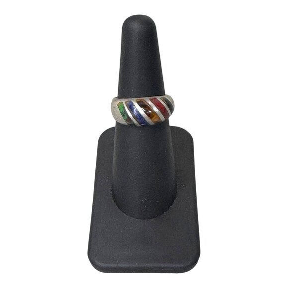 Vtg Sterling Silver 925 Multi Gemstone Inlay Band Ring Tigers Eye Malachite Sz 6 - Picture 2 of 10